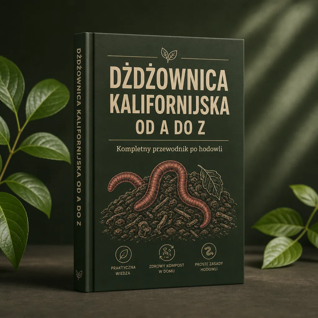 Okładka ebooka „Dżdżownica kalifornijska od A do Z” z ilustracją dżdżownic i zieleni