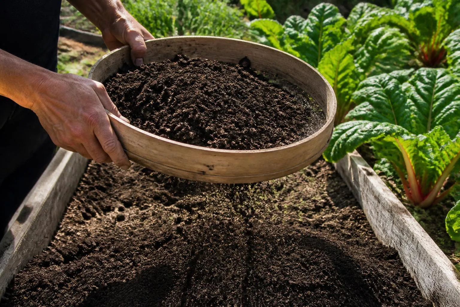 Dłonie przesiewające ciemny biohumus przez okrągłe sito nad podwyższoną grządką warzywną